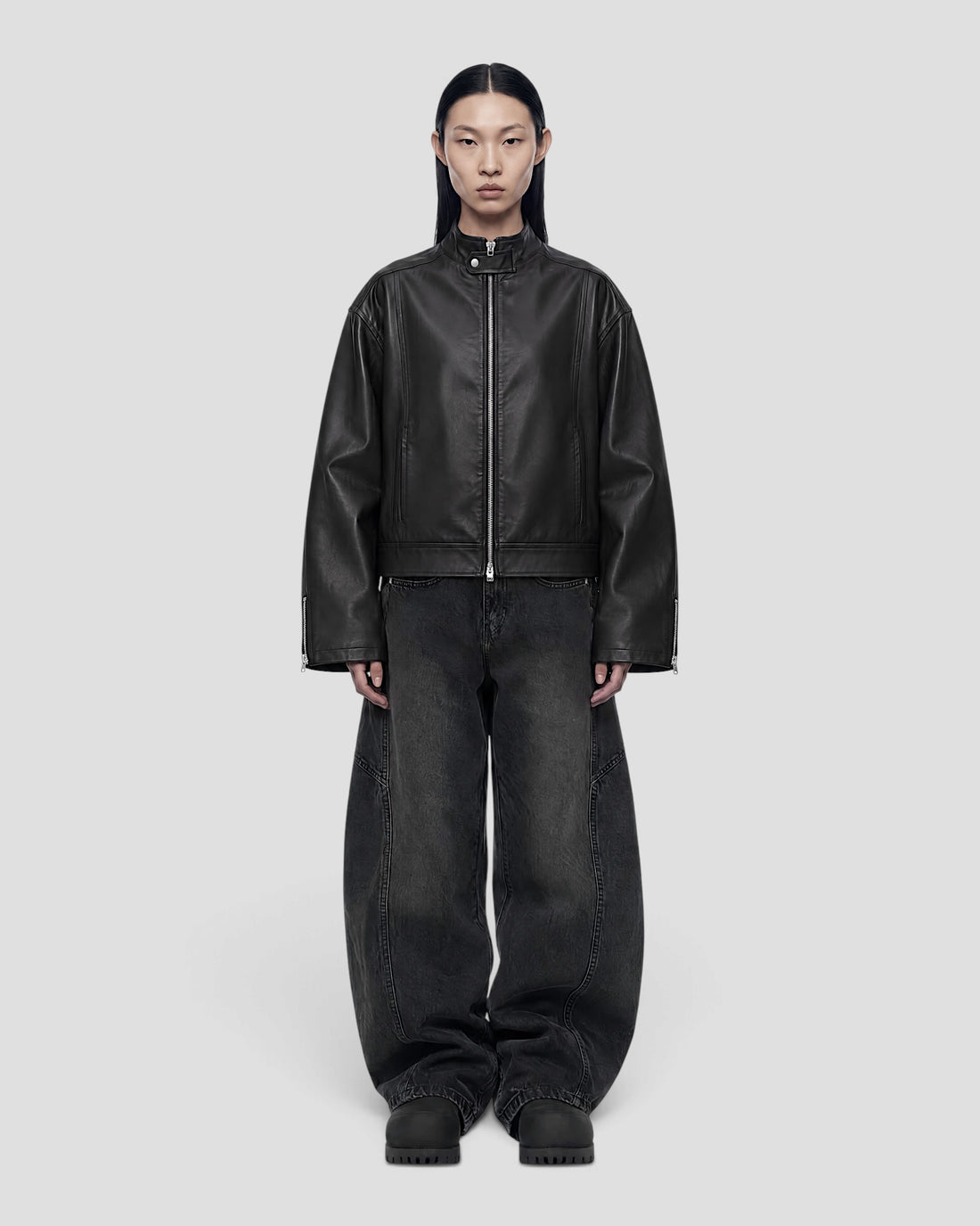 DEMENTE BLACK STAND COLLAR LEATHER JACKET