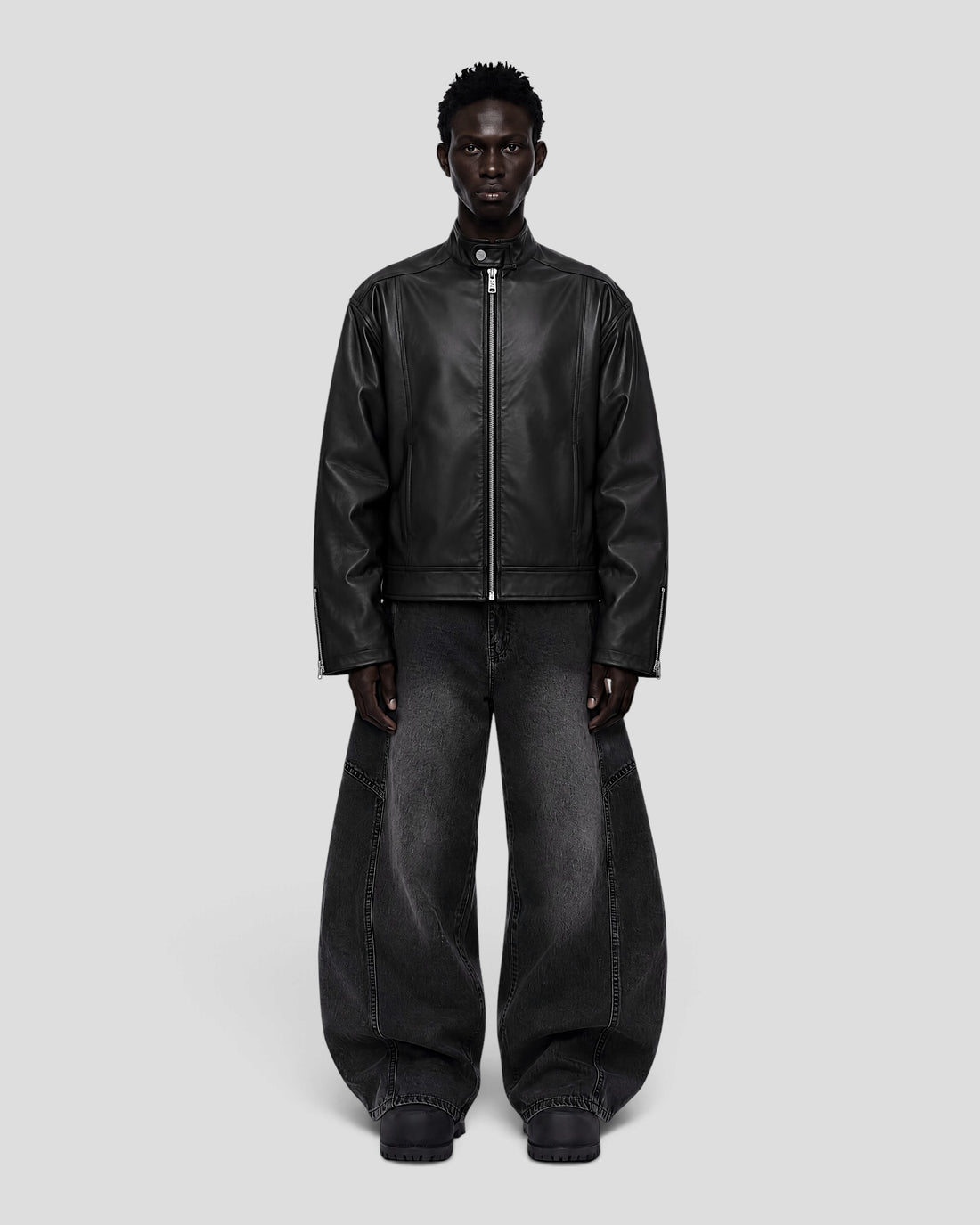 DEMENTE BLACK STAND COLLAR LEATHER JACKET
