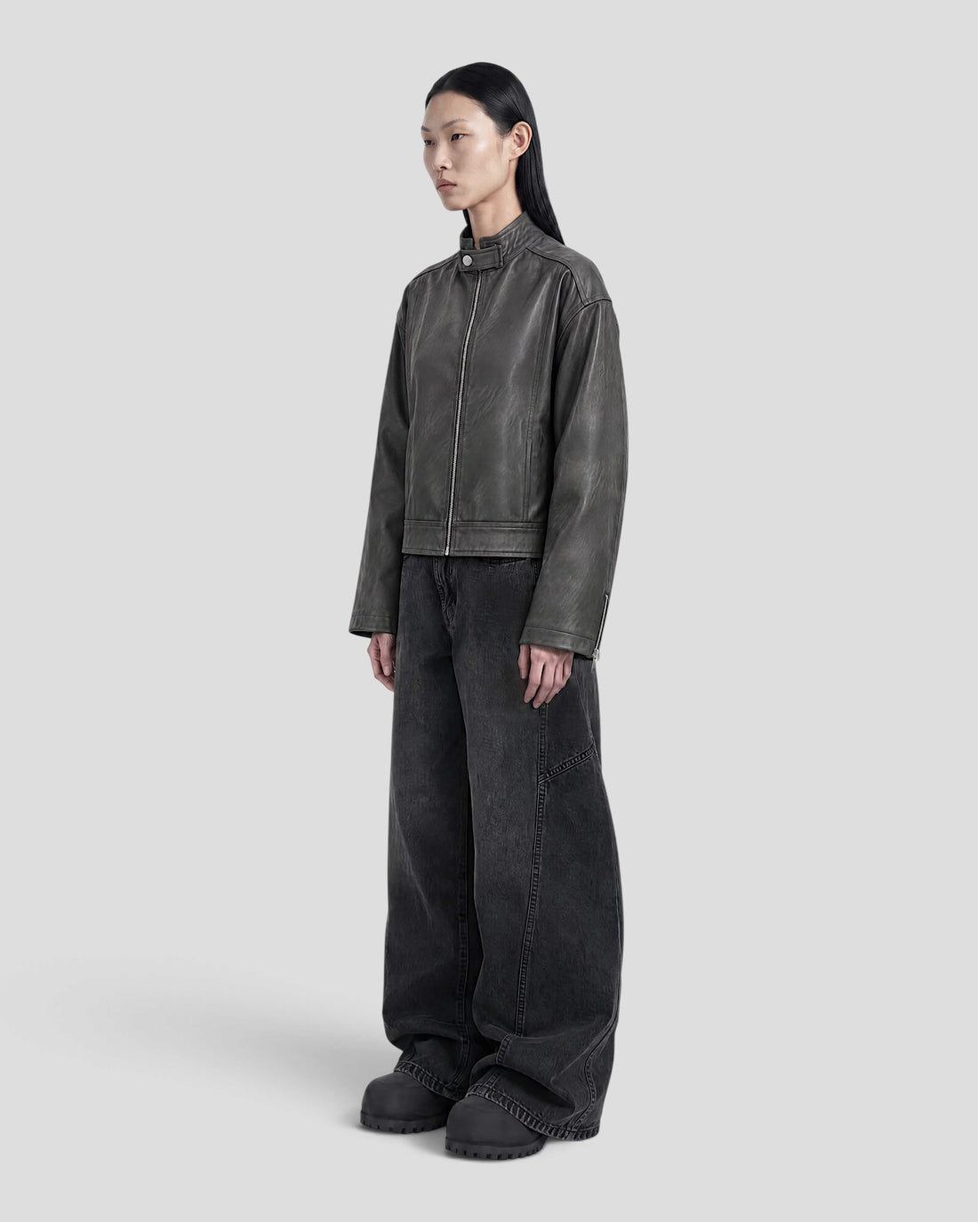 DEMENTE WASHED STAND COLLAR LEATHER JACKET