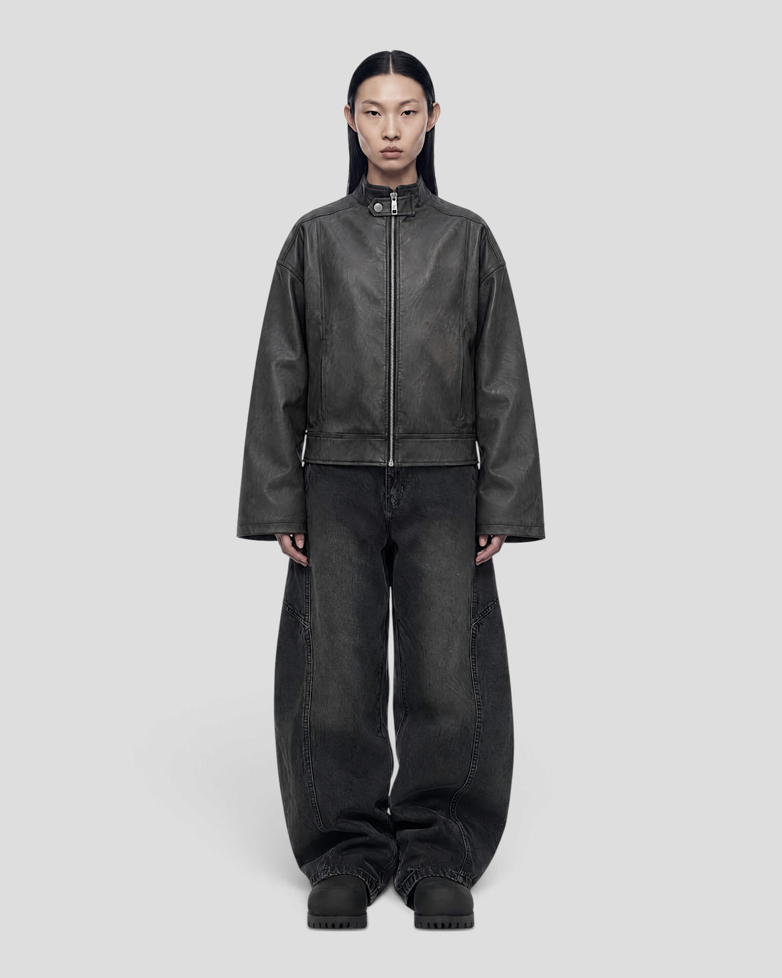 DEMENTE WASHED STAND COLLAR LEATHER JACKET