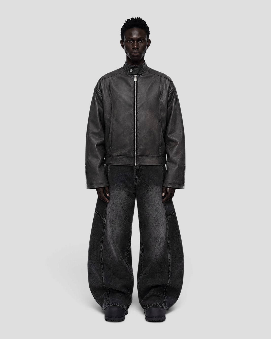 DEMENTE WASHED STAND COLLAR LEATHER JACKET