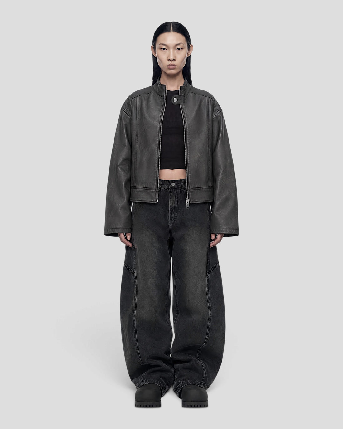 DEMENTE WASHED STAND COLLAR LEATHER JACKET