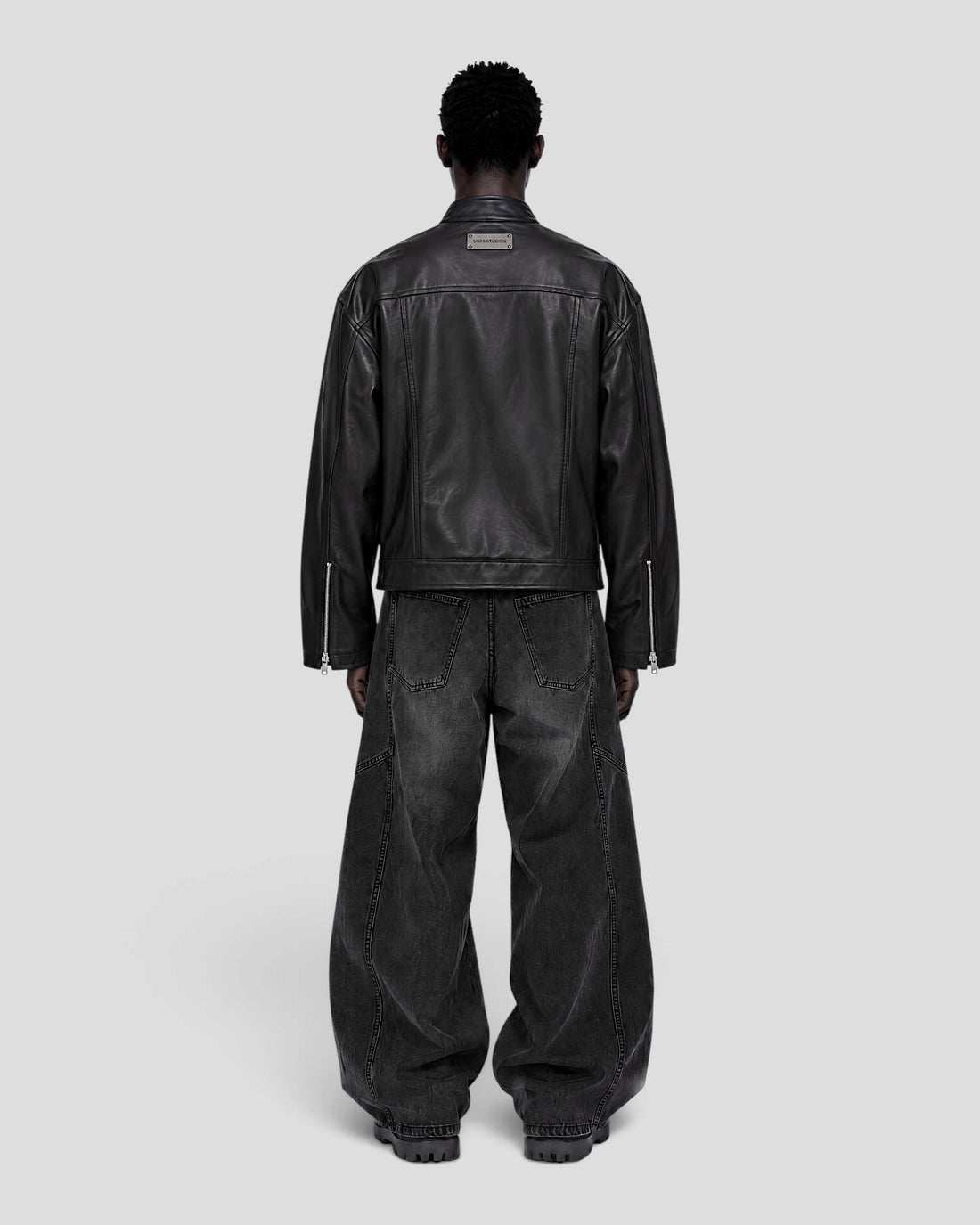 DEMENTE BLACK STAND COLLAR LEATHER JACKET