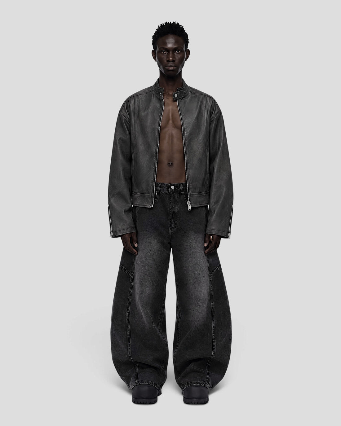 DEMENTE WASHED STAND COLLAR LEATHER JACKET