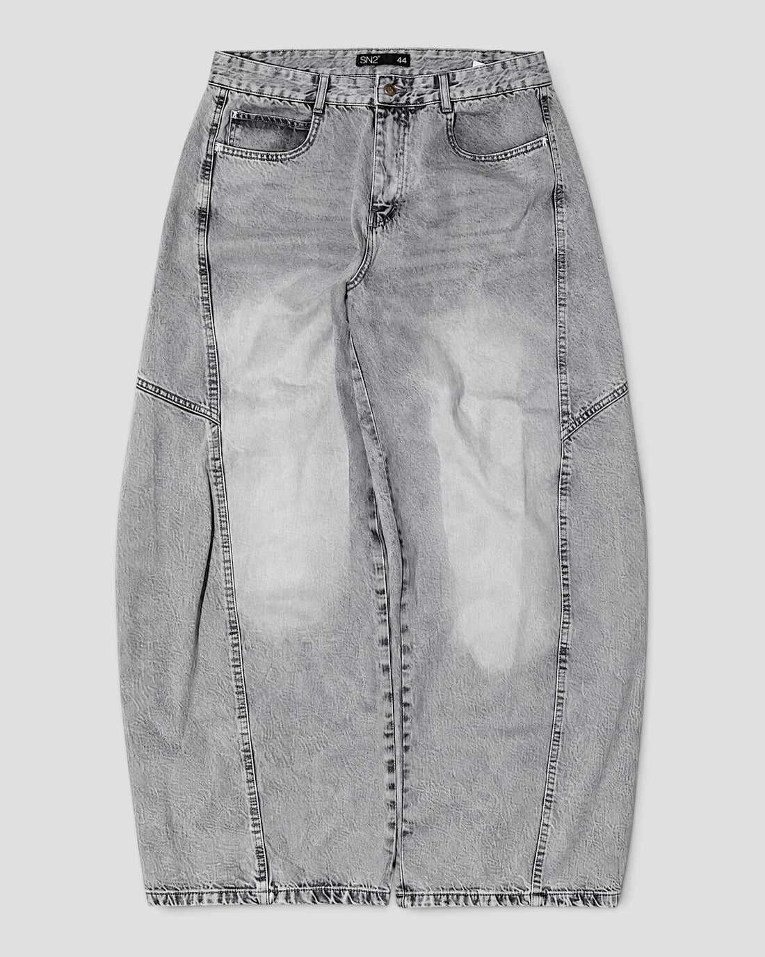 DEMENTE LIGHT GREY WASHED BARREL CURVED OVERSIZED JEANS