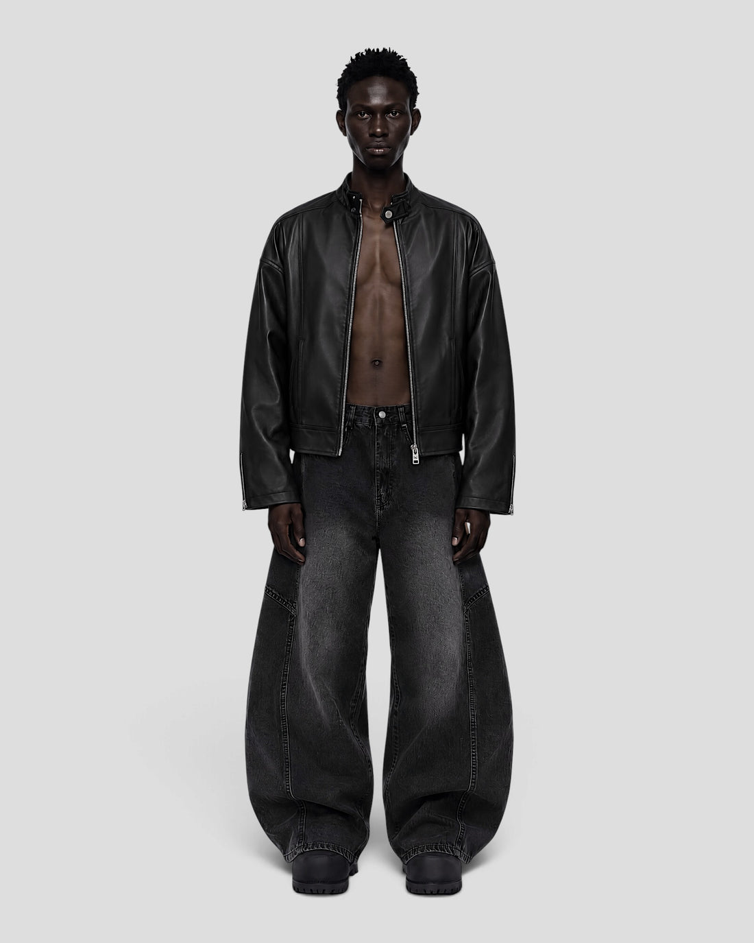 DEMENTE BLACK STAND COLLAR LEATHER JACKET