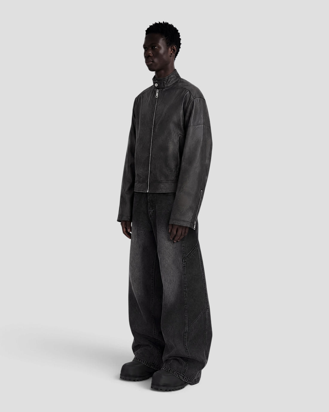 DEMENTE WASHED STAND COLLAR LEATHER JACKET
