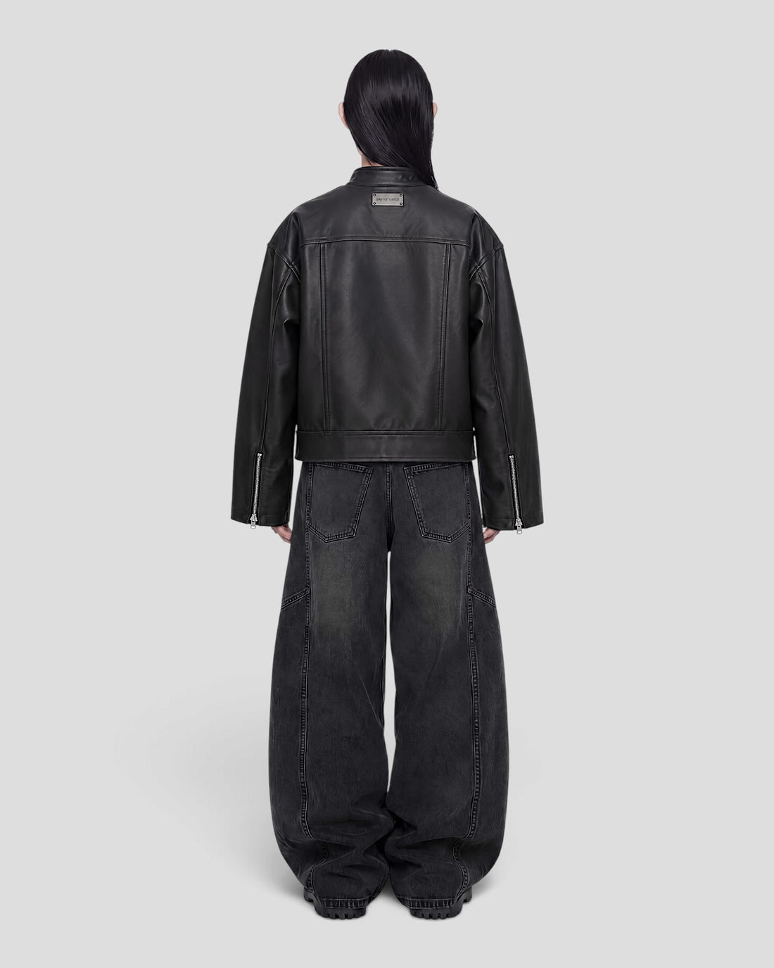 DEMENTE BLACK STAND COLLAR LEATHER JACKET