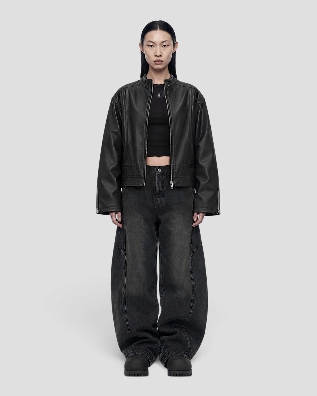 DEMENTE BLACK STAND COLLAR LEATHER JACKET