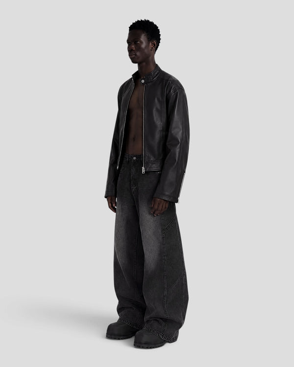 DEMENTE BLACK STAND COLLAR LEATHER JACKET