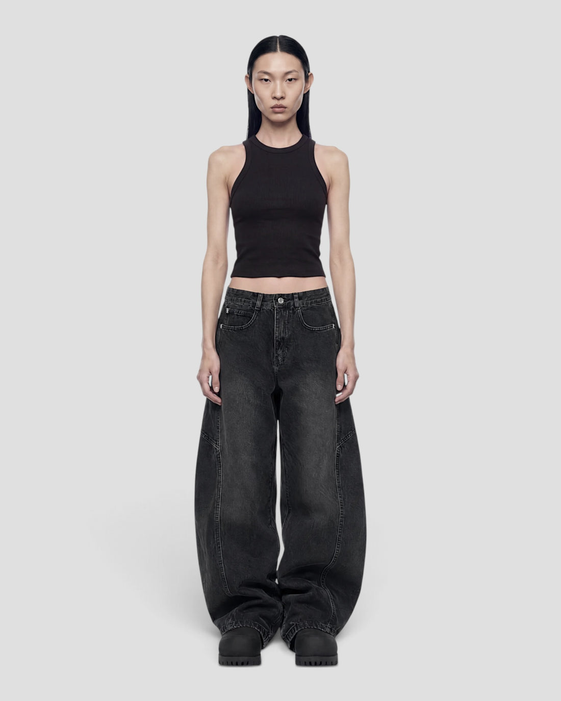 DEMENTE BLACK WASHED BARREL CURVED OVERSIZED JEANS