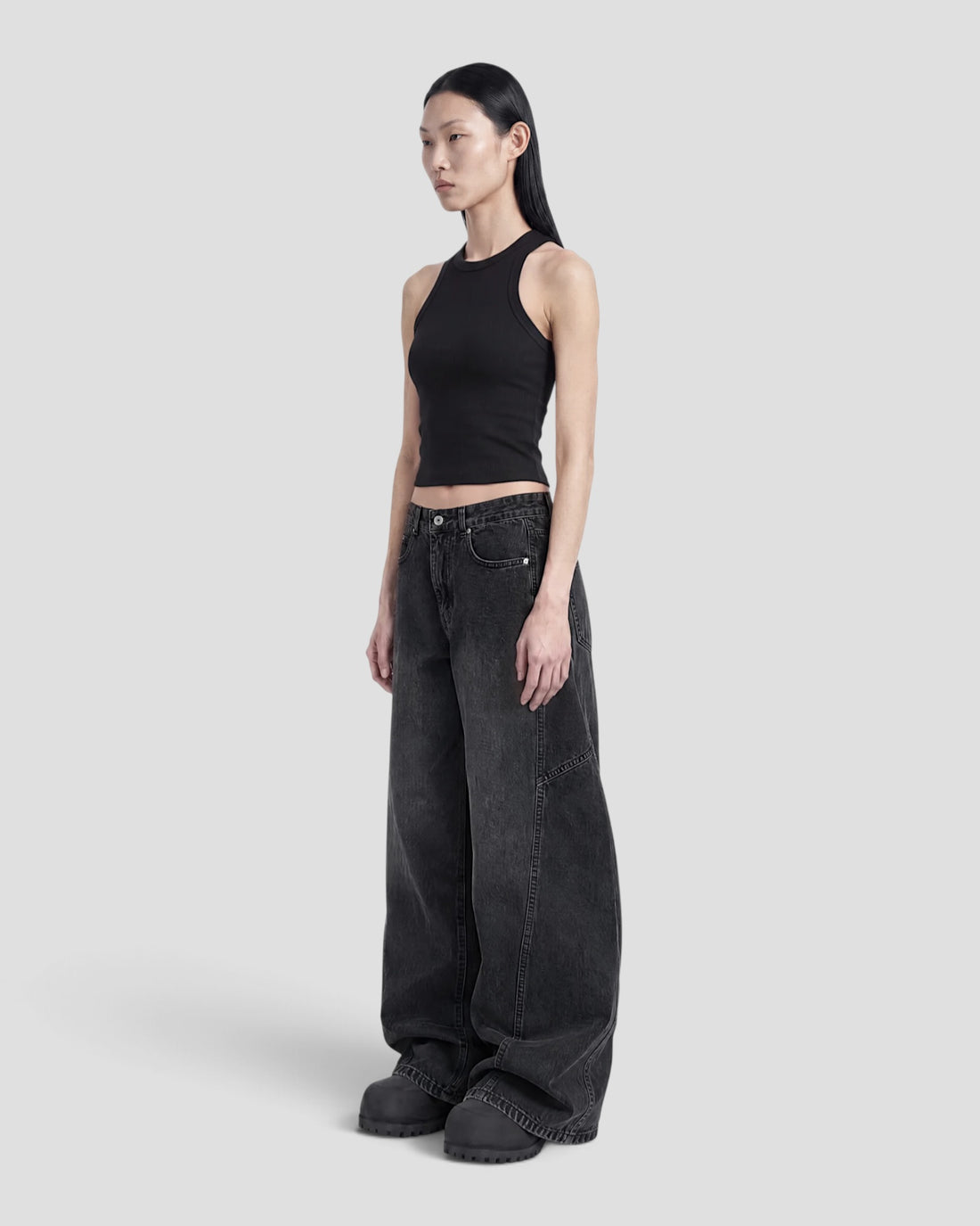 DEMENTE BLACK WASHED BARREL CURVED OVERSIZED JEANS