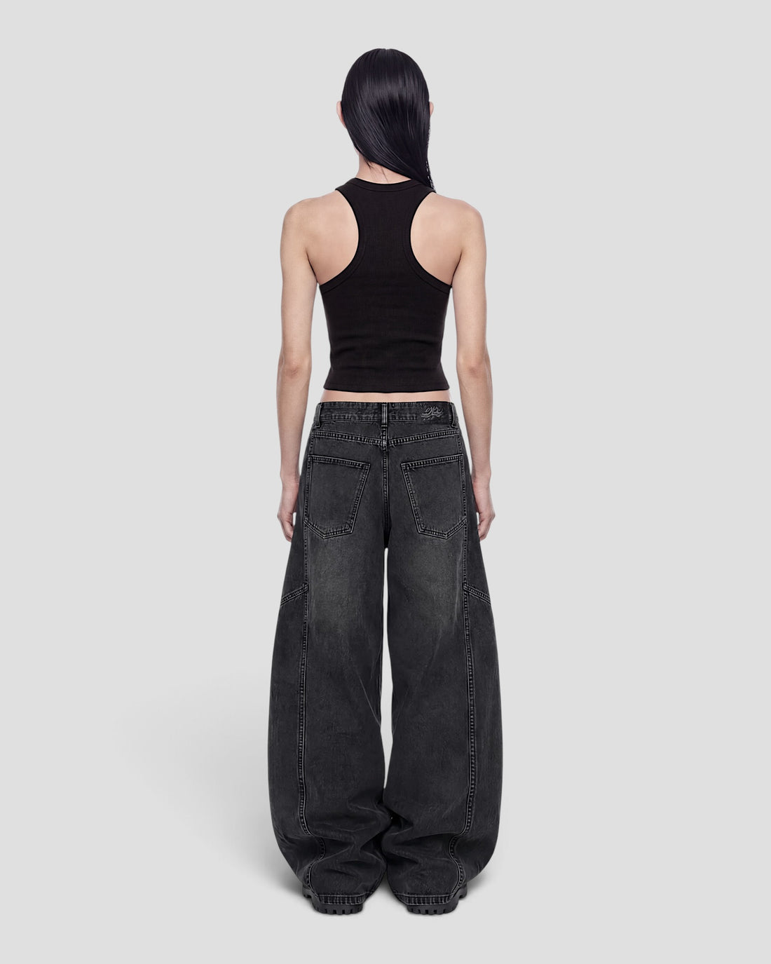 DEMENTE BLACK WASHED BARREL CURVED OVERSIZED JEANS