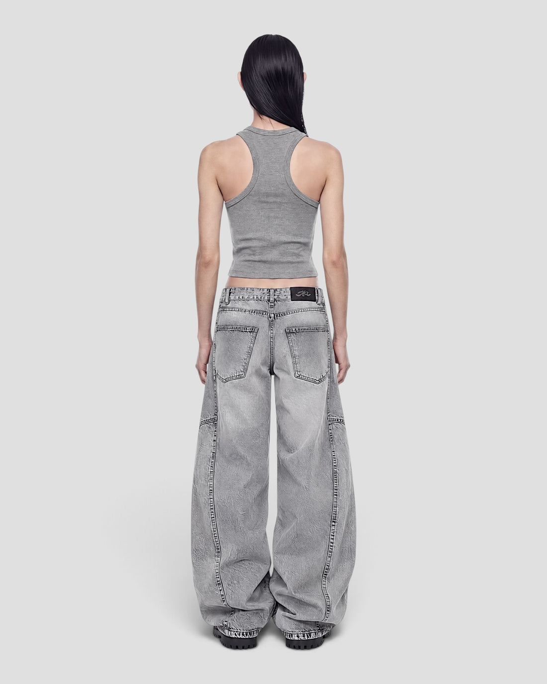 DEMENTE LIGHT GREY WASHED BARREL CURVED OVERSIZED JEANS