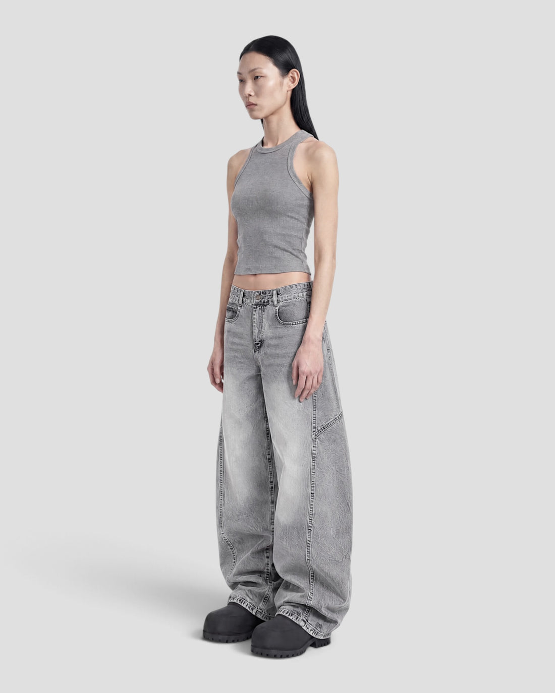 DEMENTE LIGHT GREY WASHED BARREL CURVED OVERSIZED JEANS