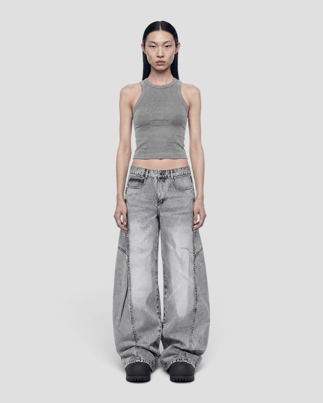 DEMENTE LIGHT GREY WASHED BARREL CURVED OVERSIZED JEANS