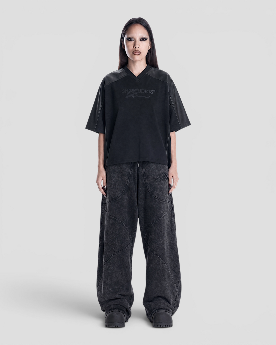 DEMENTE NUMERAL BLACK AND LEATHER JERSEY