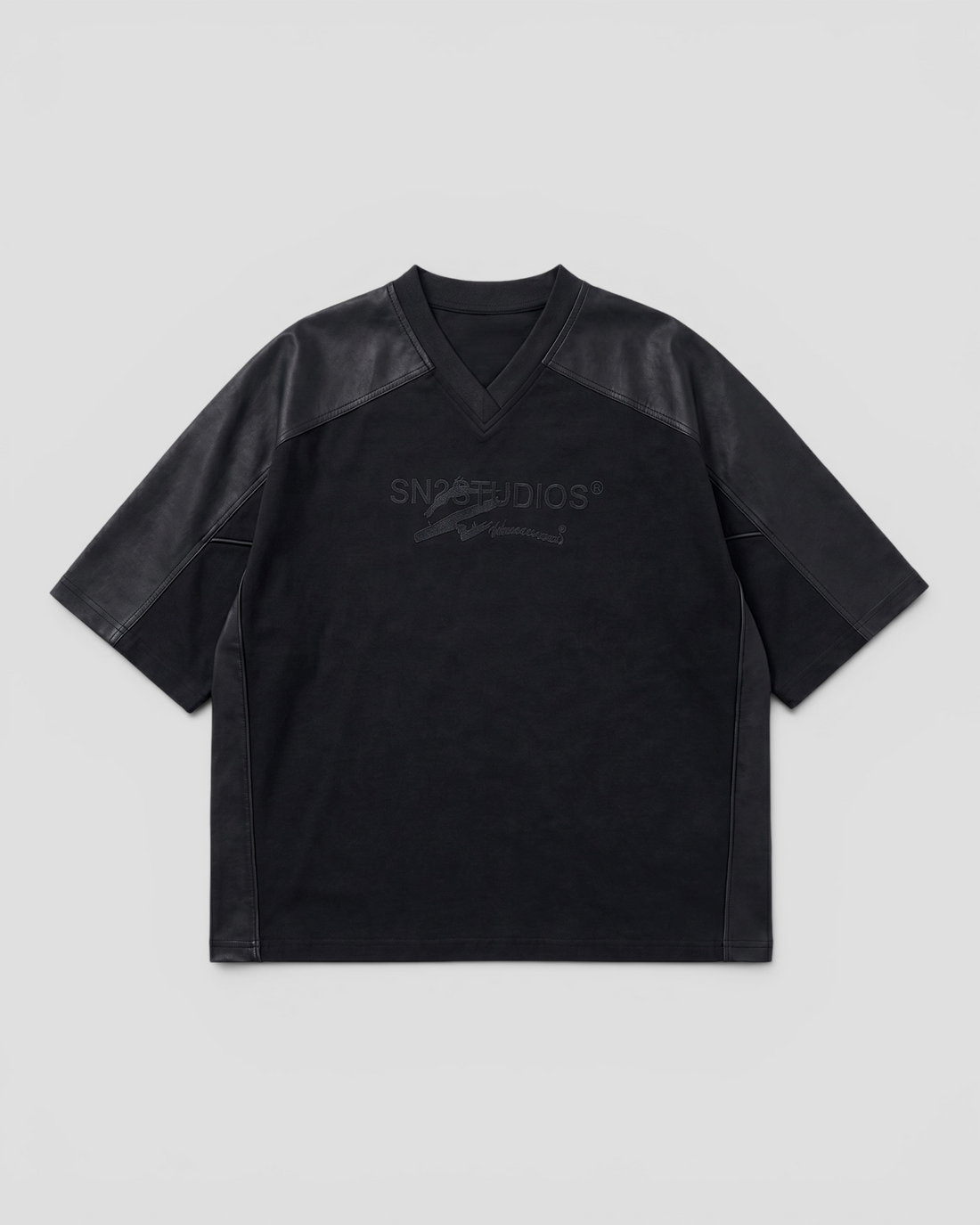 DEMENTE NUMERAL BLACK AND LEATHER JERSEY