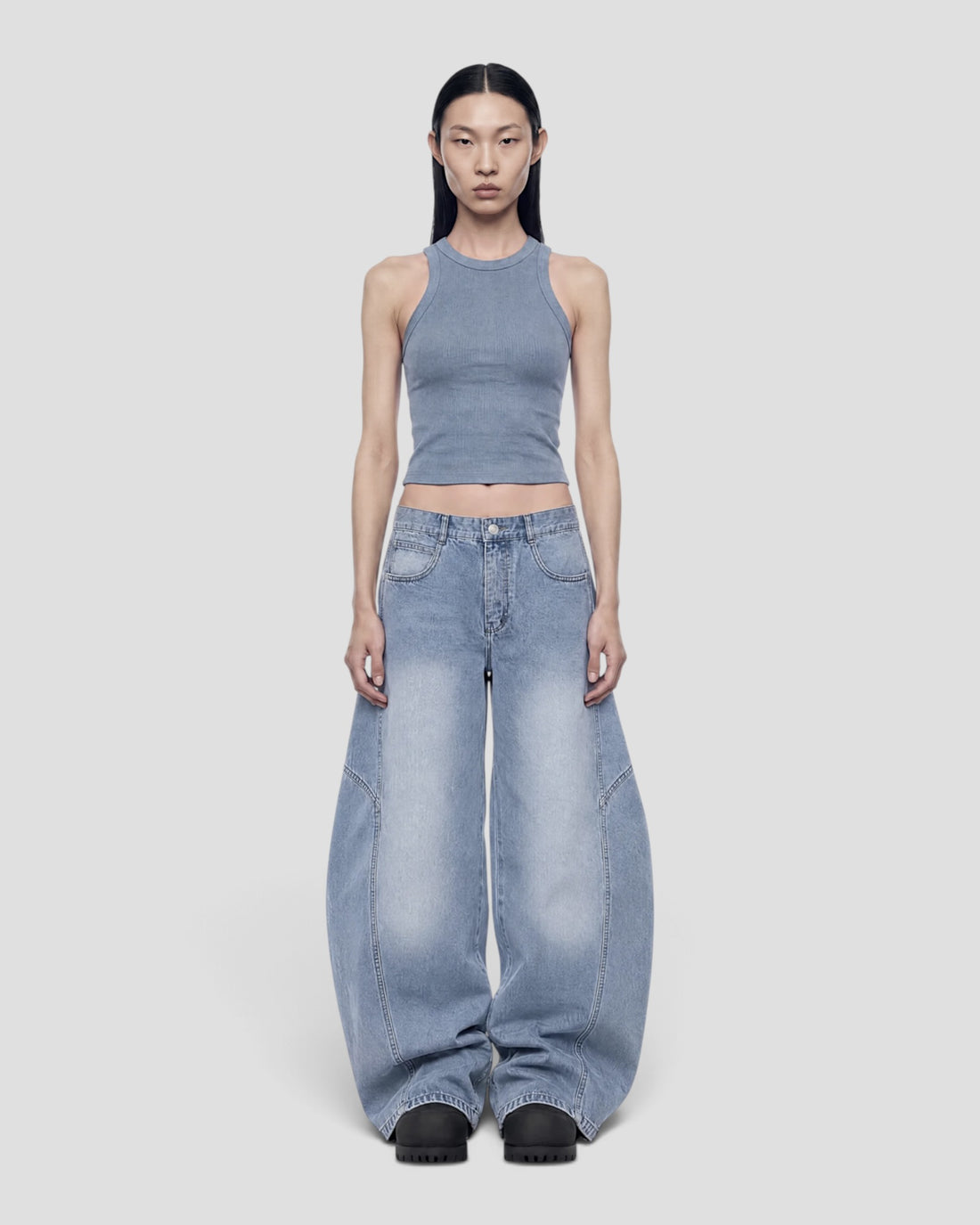 DEMENTE LIGHT BLUE WASHED BARREL CURVED OVERSIZED JEANS